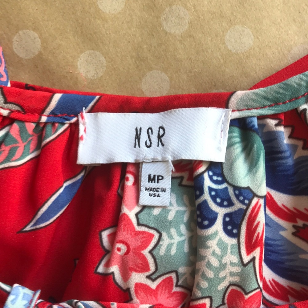 [NSR] Tie Neck Red/ Blue Floral Lightweight Blouse - Picture 2 of 8